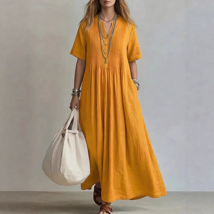 Vestidode algodón y lino escote en V