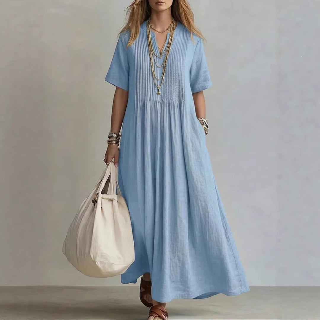 Vestidode algodón y lino escote en V