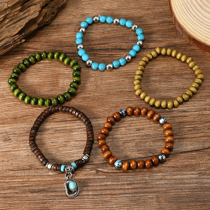 Conjunto de pulseras de madera de cáscara de coco y turquesa