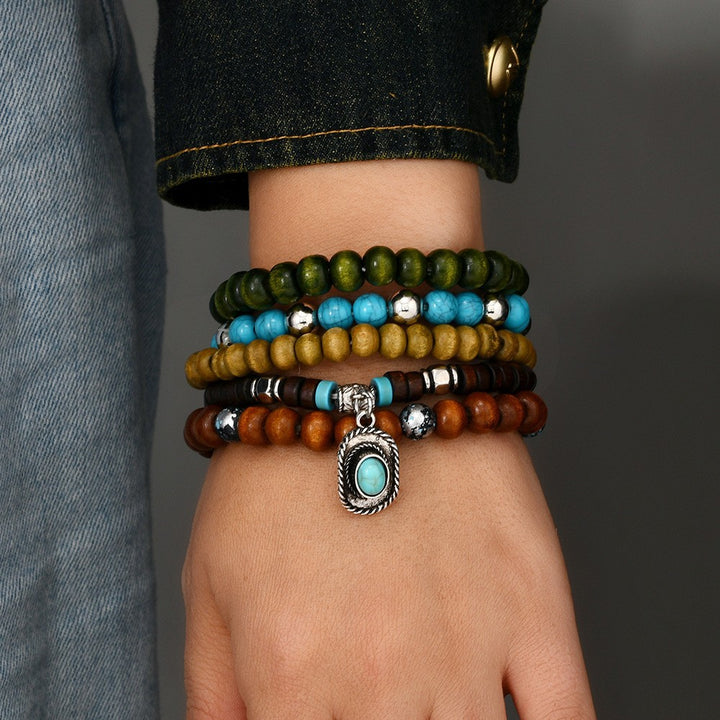 Conjunto de pulseras de madera de cáscara de coco y turquesa