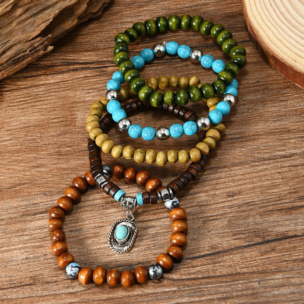 Conjunto de pulseras de madera de cáscara de coco y turquesa