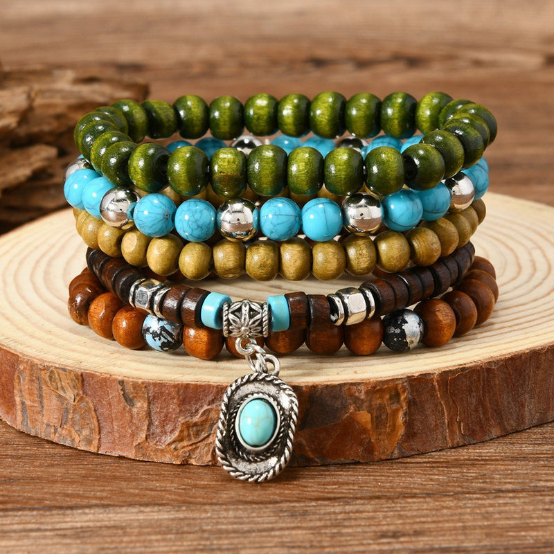 Conjunto de pulseras de madera de cáscara de coco y turquesa